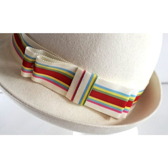 Women's Vintage Adolfo Realites Hat Bowler White Felt Striped Rainbow Brim Bow S - Picture 2 of 10